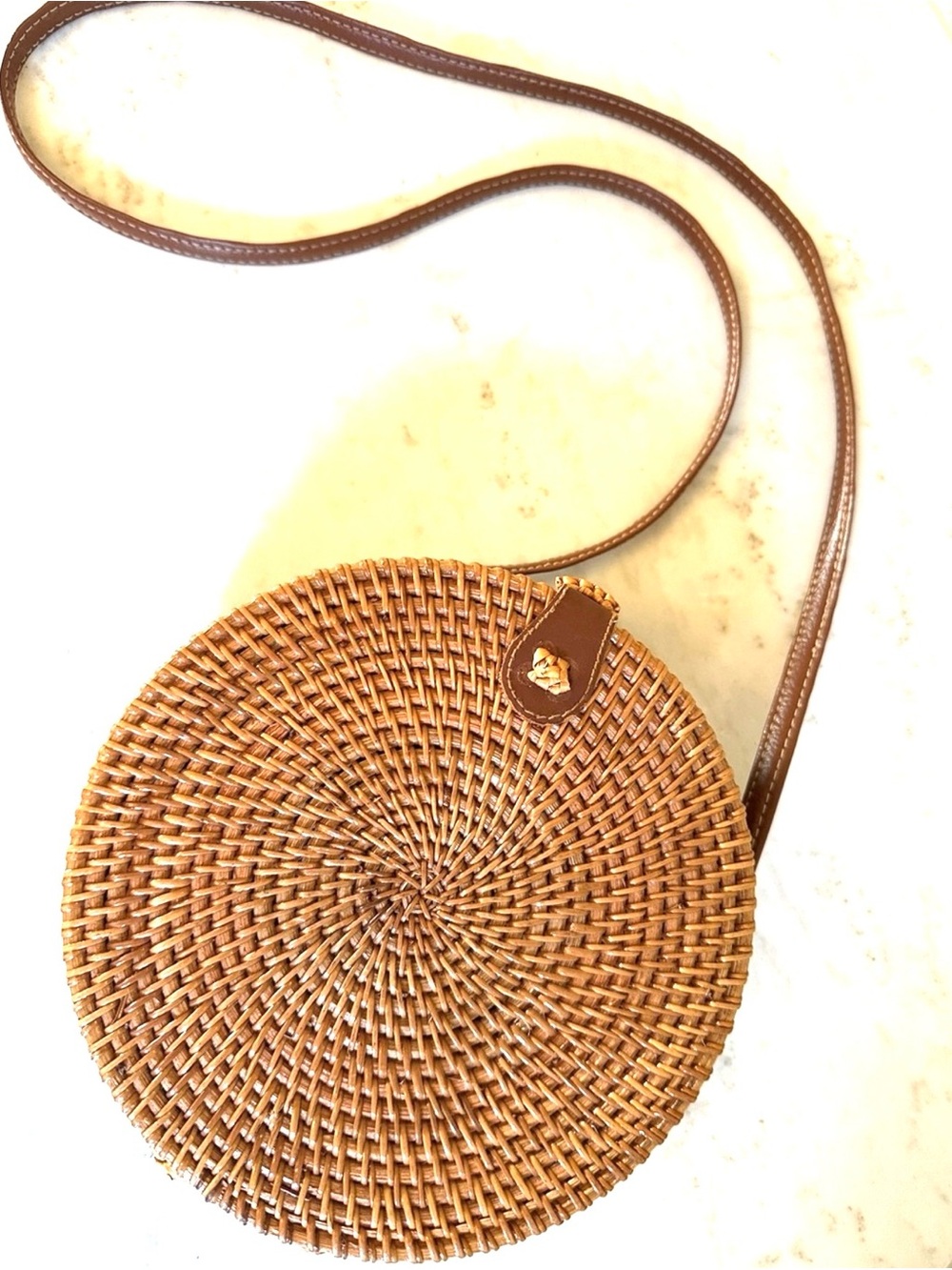 Woven Round Crossbody Bag in Brown with Leather-Trim Strap